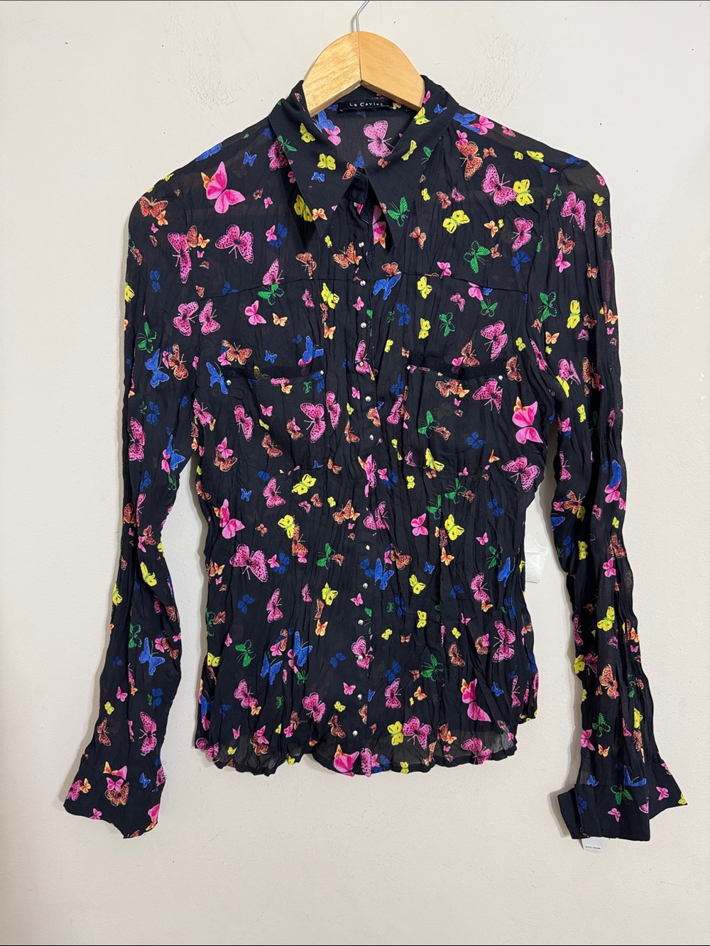 Le Caviar Sheer Black Button-Down Blouse Multicolor Butterfly Print size M Fairy
